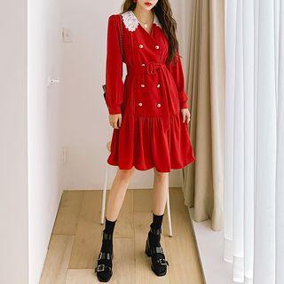 Lace-collar Belted Frill-hem Midi Coatdress