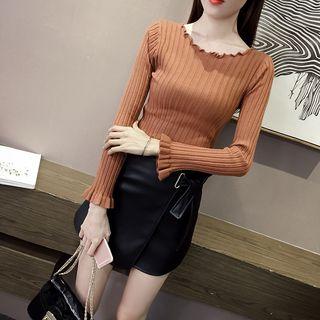 Bell-sleeve Ruffle Trim Ribbed Knit Top