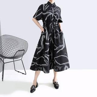 Short-sleeve Lettering Midi Shirtdress Black - One Size