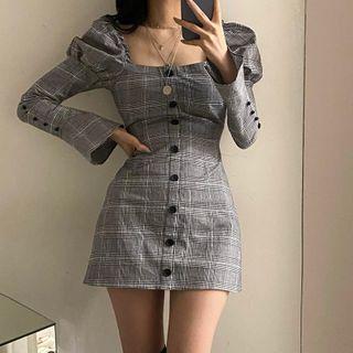 Square-neck Buttoned Plaid Mini Dress