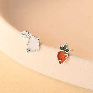 Rabbit Carrot Rhinestone Asymmetrical Sterling Silver Earring 1 Pair - S925 Silver - White & Tangerine - One Size