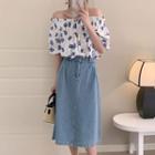 Off-shoulder Floral Shirt / High-waist Denim Skirt