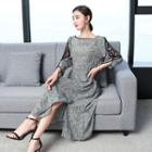 Print 3/4-sleeve A-line Midi Silk Dress