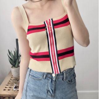 Spaghetti Strap Striped Zip-up Knit Top
