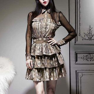 Set: Long-sleeve Mesh Blouse + Mini Layered Skirt