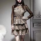 Set: Long-sleeve Mesh Blouse + Mini Layered Skirt