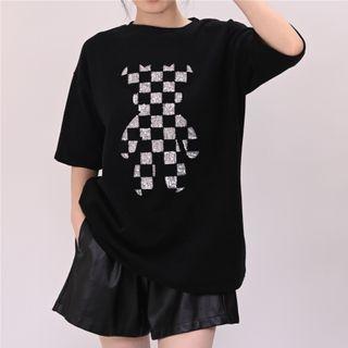 Printed Bear Plaid Oversize Top