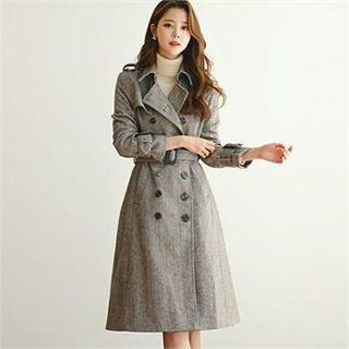 Double-breasted Herringbone Coat With Belt