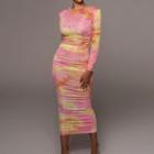 Long Sleeve Tie-dyed Ruched Bodycon Dress