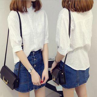 Elbow-sleeve Stand Collar Loose-fit Chiffon Striped Cotton Plain Slim Open-front Blouse