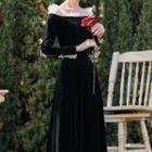 Frilled Trim Off-shoulder Long-sleeve Midi A-line Dress