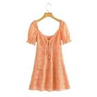Short-sleeve Tie-front Lace A-line Dress