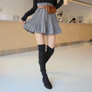 Paperbag-waist Pleated Herringbone Mini Skirt