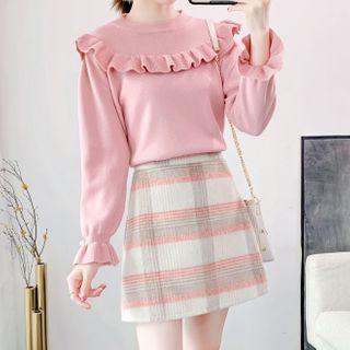 Frill Trim Sweater / Plaid Mini Skirt / Set