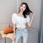 Lace-up Puff-sleeve Cropped Blouse White - One Size