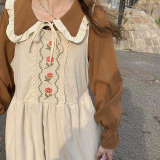 Floral Embroidered Midi A-line Overall Dress / Frill Trim Blouse