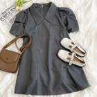 Puff-sleeve Plain A-line Dress Gray - One Size