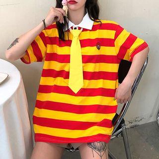 Color Block Striped Polo Collar Top With Necktie
