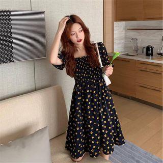 Puff-sleeve Floral Midi Dress Blue - One Size