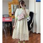 Elbow-sleeve Perforated Midi A-line Dress Off-white - One Size