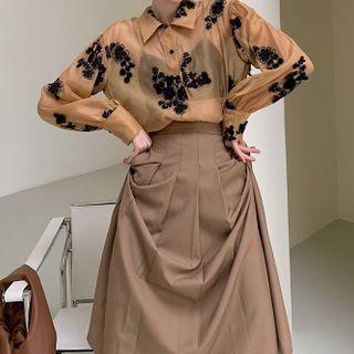 Embroidered Single-breasted Long-sleeve Blouse