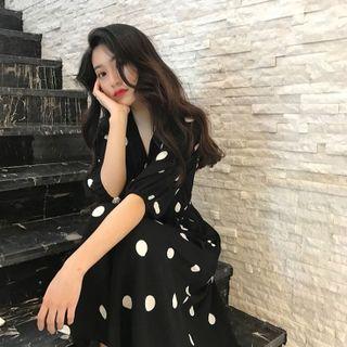 3/4-sleeve V-neck Dotted Dress