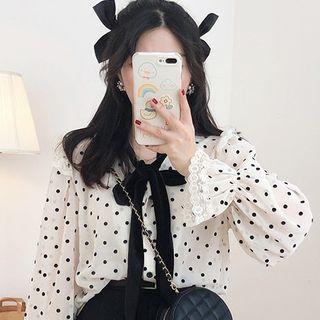 Bow-neck Dotted Blouse Almond - One Size
