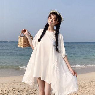 Elbow-sleeve Mesh Panel Tunic White - One Size