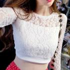Long-sleeve Lace Cropped Top + Polka Dot Skirt