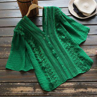 Crochet Lace Panel V-neck Short-sleeve Blouse