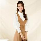 Button-back Pintuck-front Blouse