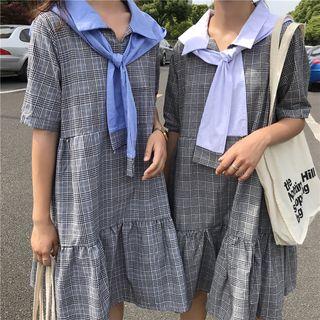 Plaid Short-sleeve Mock Two-piece Hooded Dress