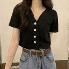 Short-sleeve V-neck Flower Button Blouse