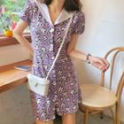Flower Print V-neck Sailor-collar Midi Dress Purple - One Size