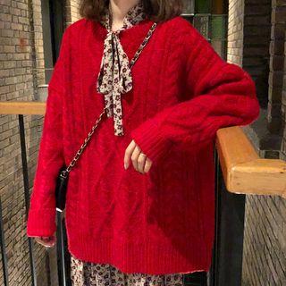 Round-neck Cable-knit Sweater Red - One Size