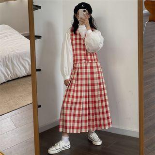 Balloon-sleeve Ruffled Blouse / Plaid Midi Pinafore Dress
