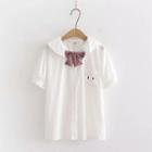 Short-sleeve Pocketed Shirt With Bow - White - One Size