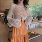 Long-sleeve Crochet Knit Top / V-neck Spaghetti Strap Midi Dress