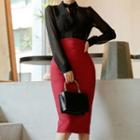 Long-sleeve Buttoned Cutout Chiffon Blouse / High-waist Fitted Skirt / Set