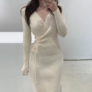 Ribbed Drawstring Midi Knit Dress