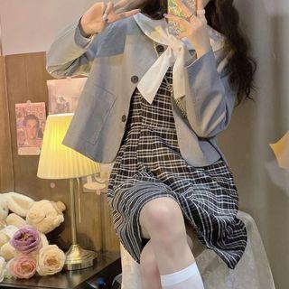 Button-up Jacket / Spaghetti Strap Plaid Dress / Shirt
