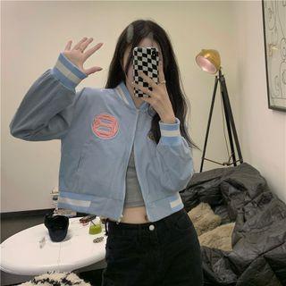 Letter Embroidered Cropped Bomber Jacket