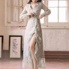 Printed Side-slit Long-sleeve Midi Chiffon Dress