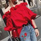 Off-shoulder Elbow-sleeve Top Red - One Size
