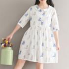 Print Elbow-sleeve Collared A-line Dress