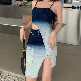 Set: Spaghetti Strap Gradient Denim Top + Fitted Skirt