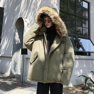 Furry-trim Hooded Snap Button Padded Jacket