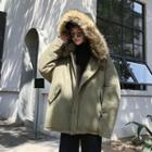 Furry-trim Hooded Snap Button Padded Jacket