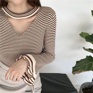 Ruffle Sleeve Cutout Stripe Knit Top