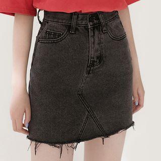 Fray Hem Denim Mini Fitted Skirt